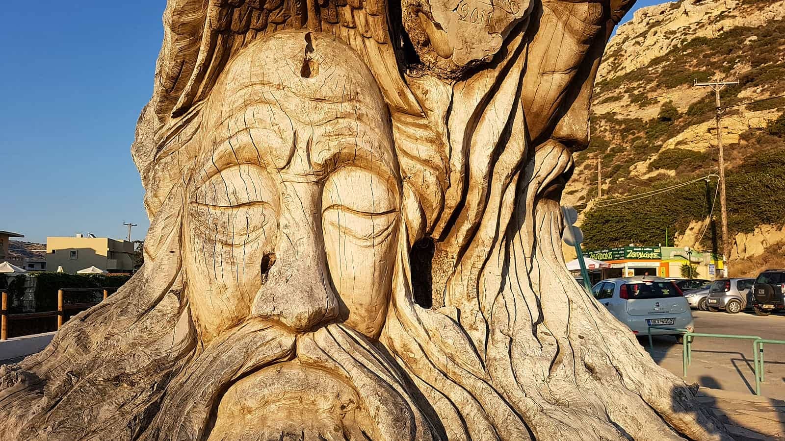 The Old Tree sculpture in Matala carved by Spiros Stefanakis