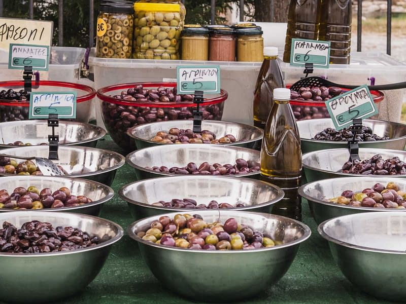 different types of olives at lefkada's outdoor street market